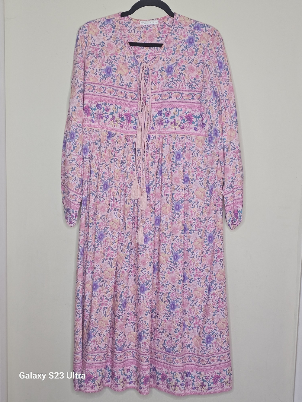 R Vivimos Pink Floral Boho Long-Sleeve Midi Dress with Tie Front - Picture 2 of 6
